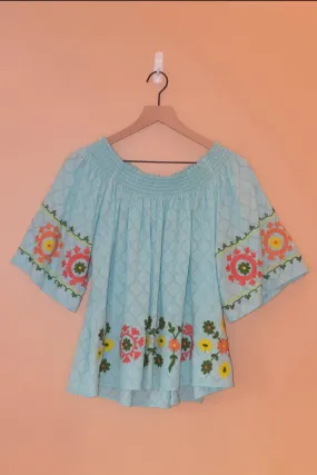 Enrica Off the Shoulder Embroidered Floral Top in Aqua Blue