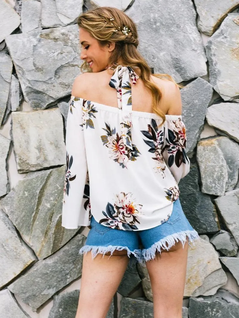 Fashion White Floral Off Shoulder Bohemia Blouse Shirt Tops