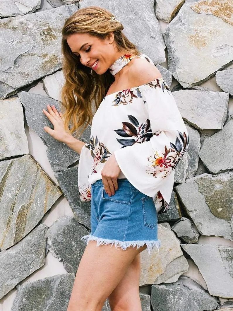 Fashion White Floral Off Shoulder Bohemia Blouse Shirt Tops