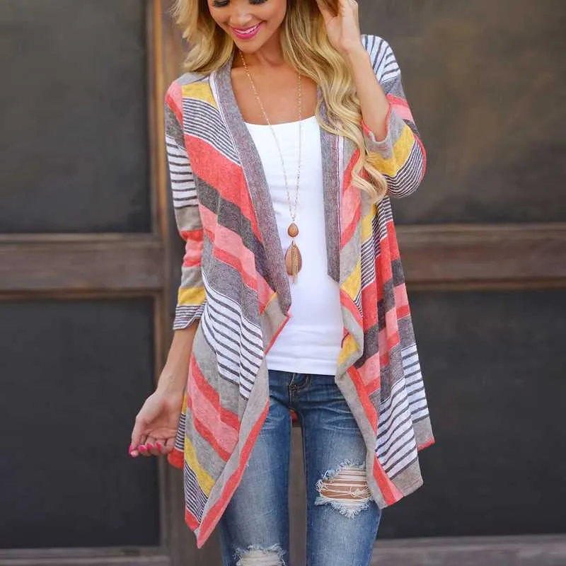 FashionSierra - Striped Print Boho Cardigan Outwear Knitted Casual Vintage Jacket Coat Tops Loose Sweater