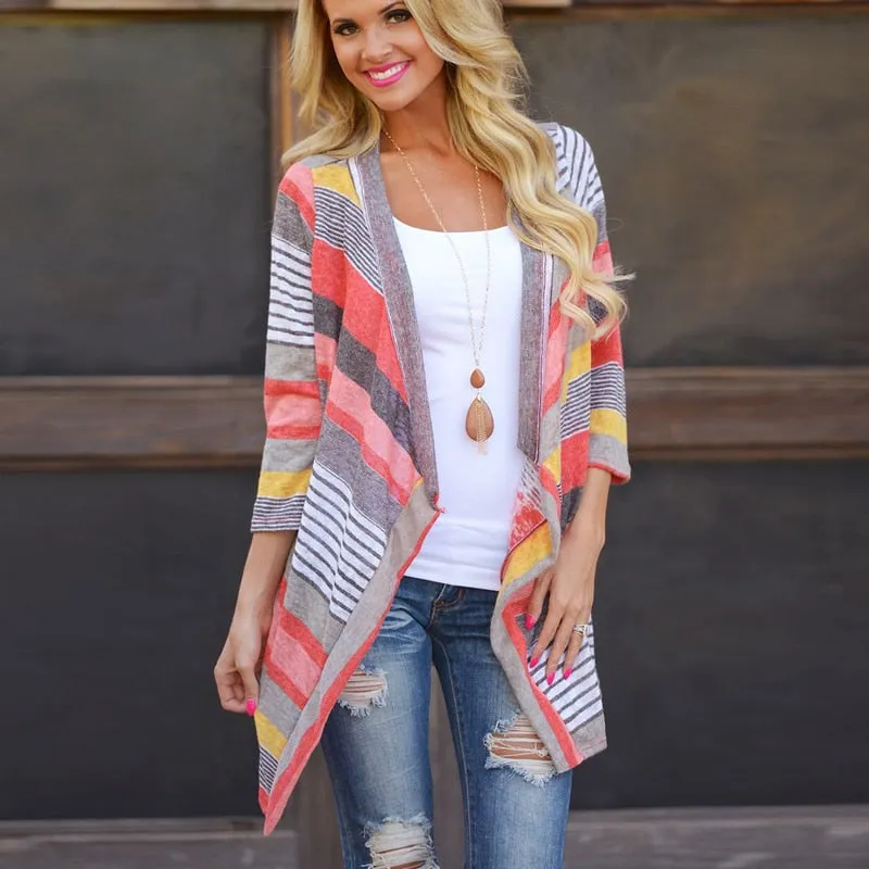 FashionSierra - Striped Print Boho Cardigan Outwear Knitted Casual Vintage Jacket Coat Tops Loose Sweater