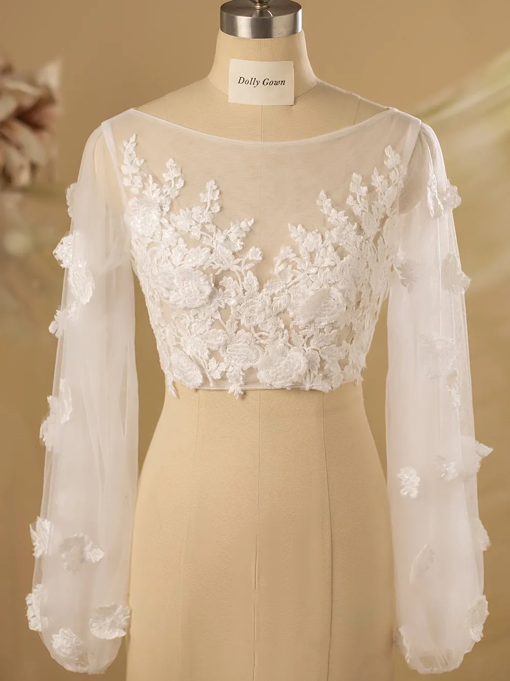 Fiona Adorable 3D Lace Bridal Tops with Long Bubble Sleeves