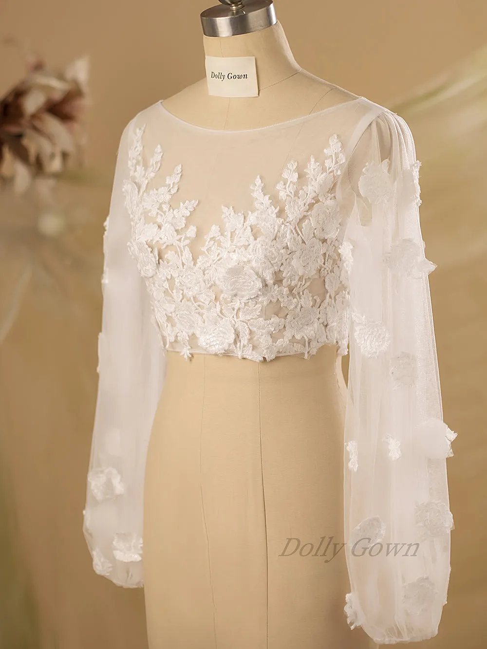 Fiona Adorable 3D Lace Bridal Tops with Long Bubble Sleeves