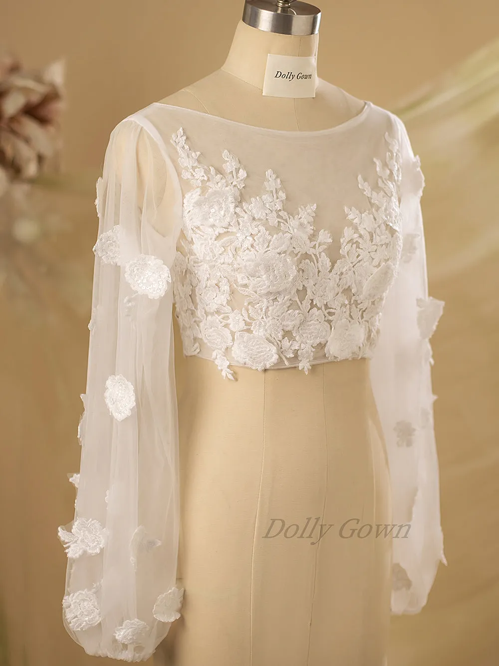 Fiona Adorable 3D Lace Bridal Tops with Long Bubble Sleeves