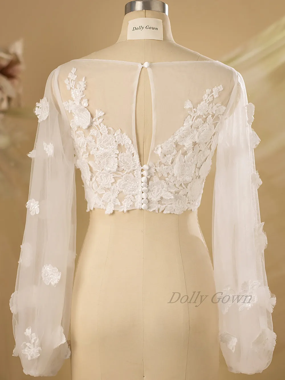 Fiona Adorable 3D Lace Bridal Tops with Long Bubble Sleeves