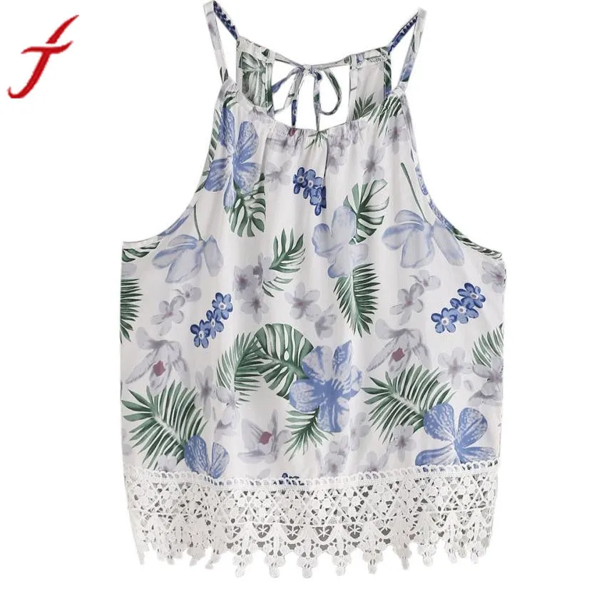 Flower Printed Crop Tops 2017 Summer Women Sexy Sleeveless Lace Tank Tops Casual Bandage White Tassel Fringe Blusa T-Shirt