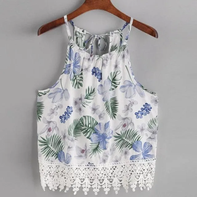 Flower Printed Crop Tops 2017 Summer Women Sexy Sleeveless Lace Tank Tops Casual Bandage White Tassel Fringe Blusa T-Shirt