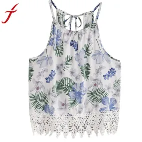 Flower Printed Crop Tops 2017 Summer Women Sexy Sleeveless Lace Tank Tops Casual Bandage White Tassel Fringe Blusa T-Shirt