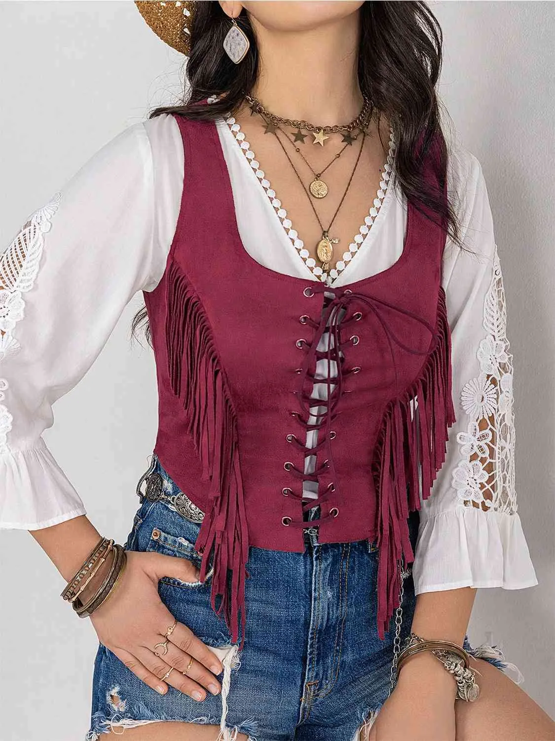 Fringed Lace Up Vest (3 colors)