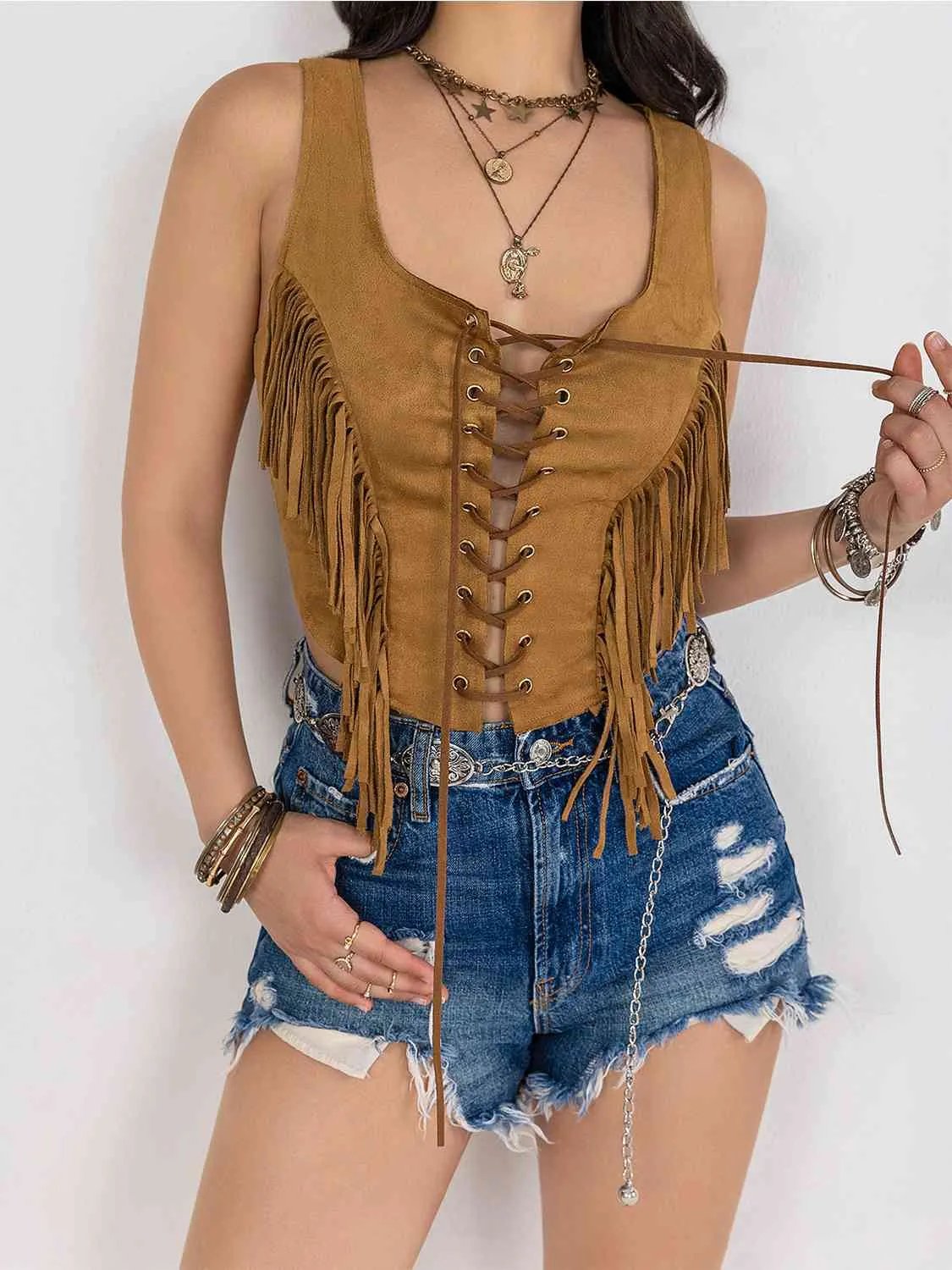 Fringed Lace Up Vest (3 colors)