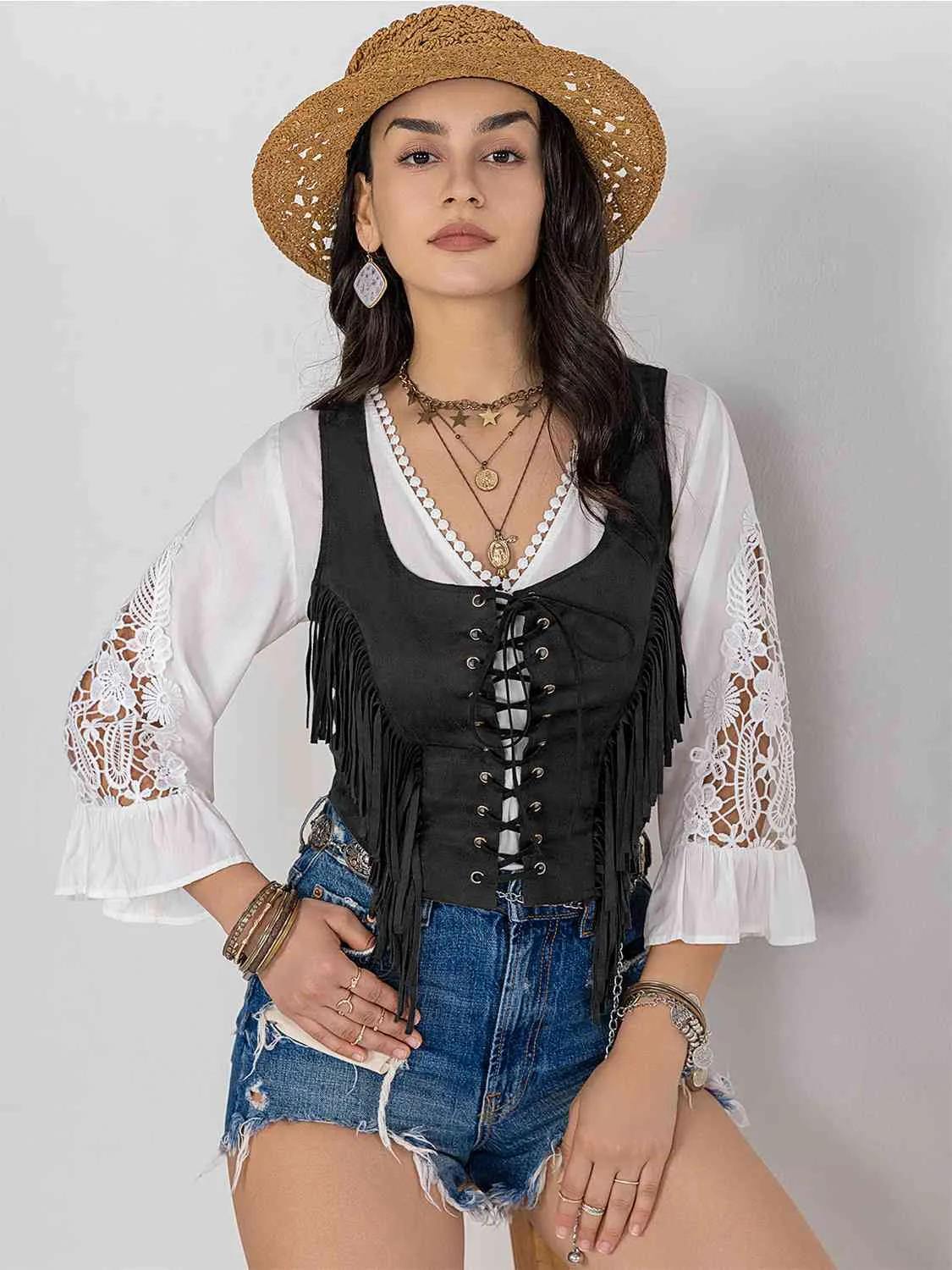 Fringed Lace Up Vest (3 colors)