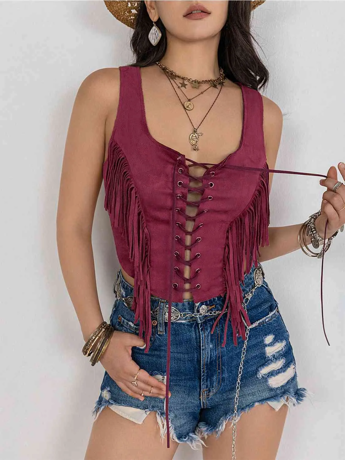 Fringed Lace Up Vest (3 colors)