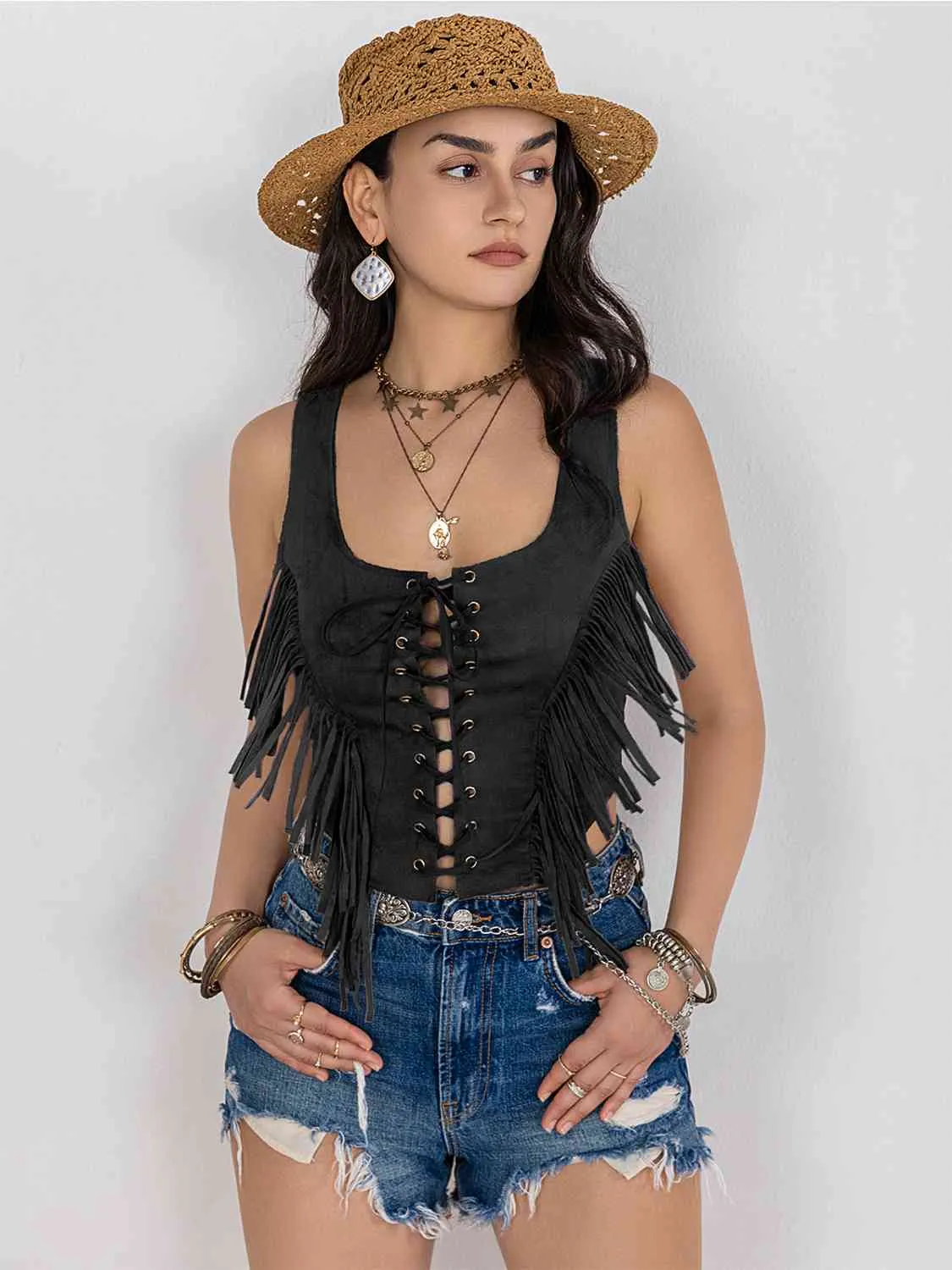 Fringed Lace Up Vest (3 colors)