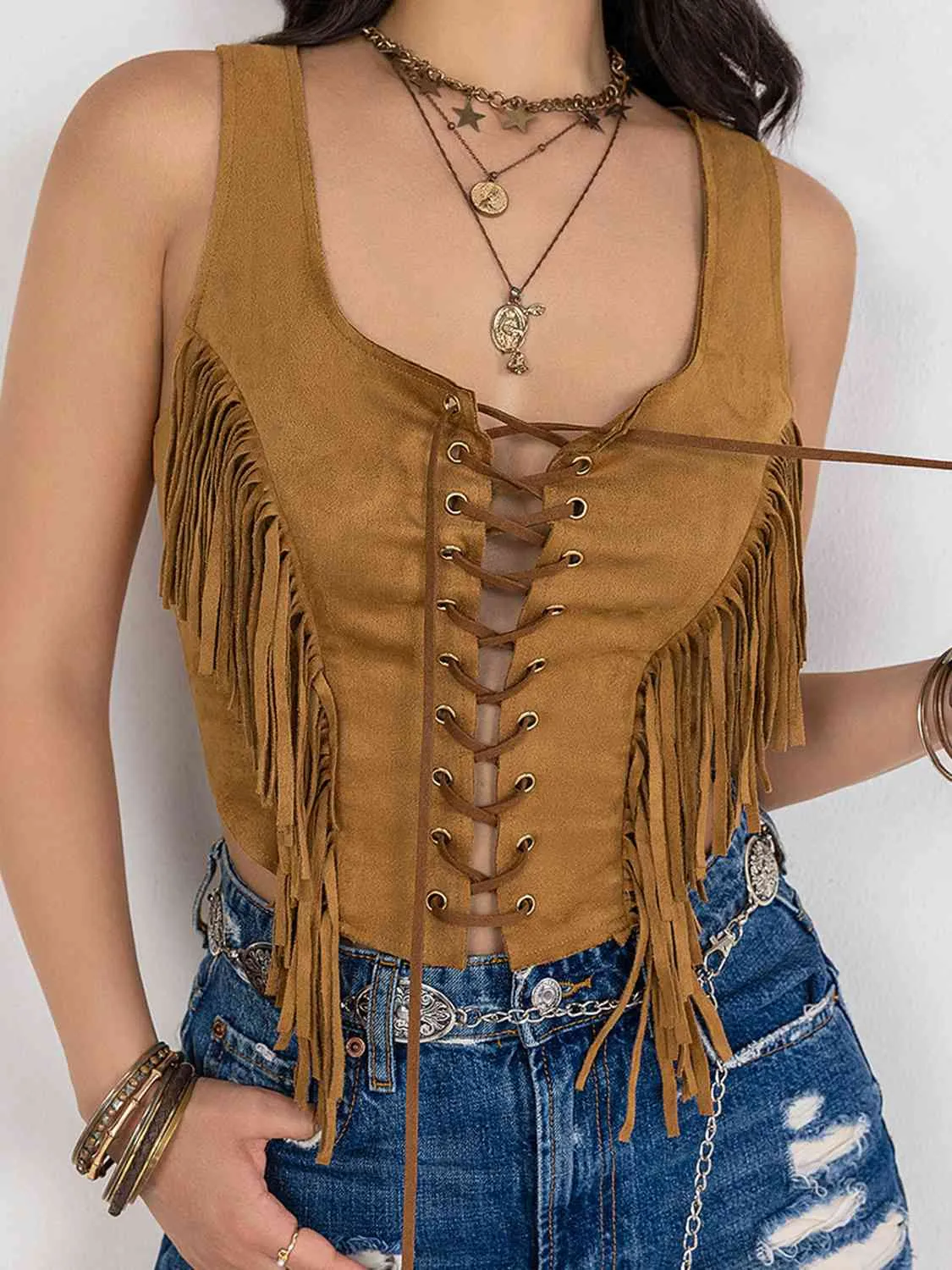 Fringed Lace Up Vest (3 colors)