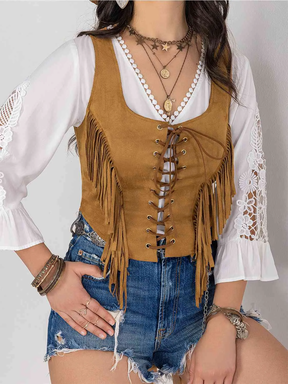 Fringed Lace Up Vest (3 colors)