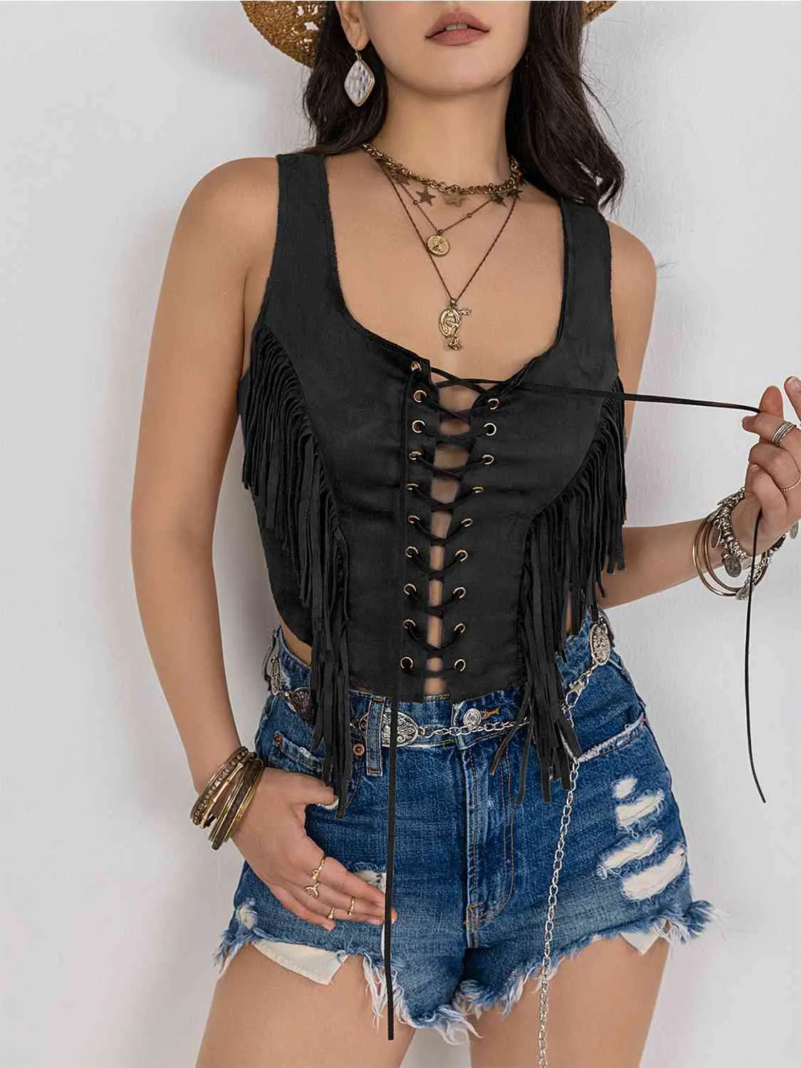 Fringed Lace Up Vest (3 colors)