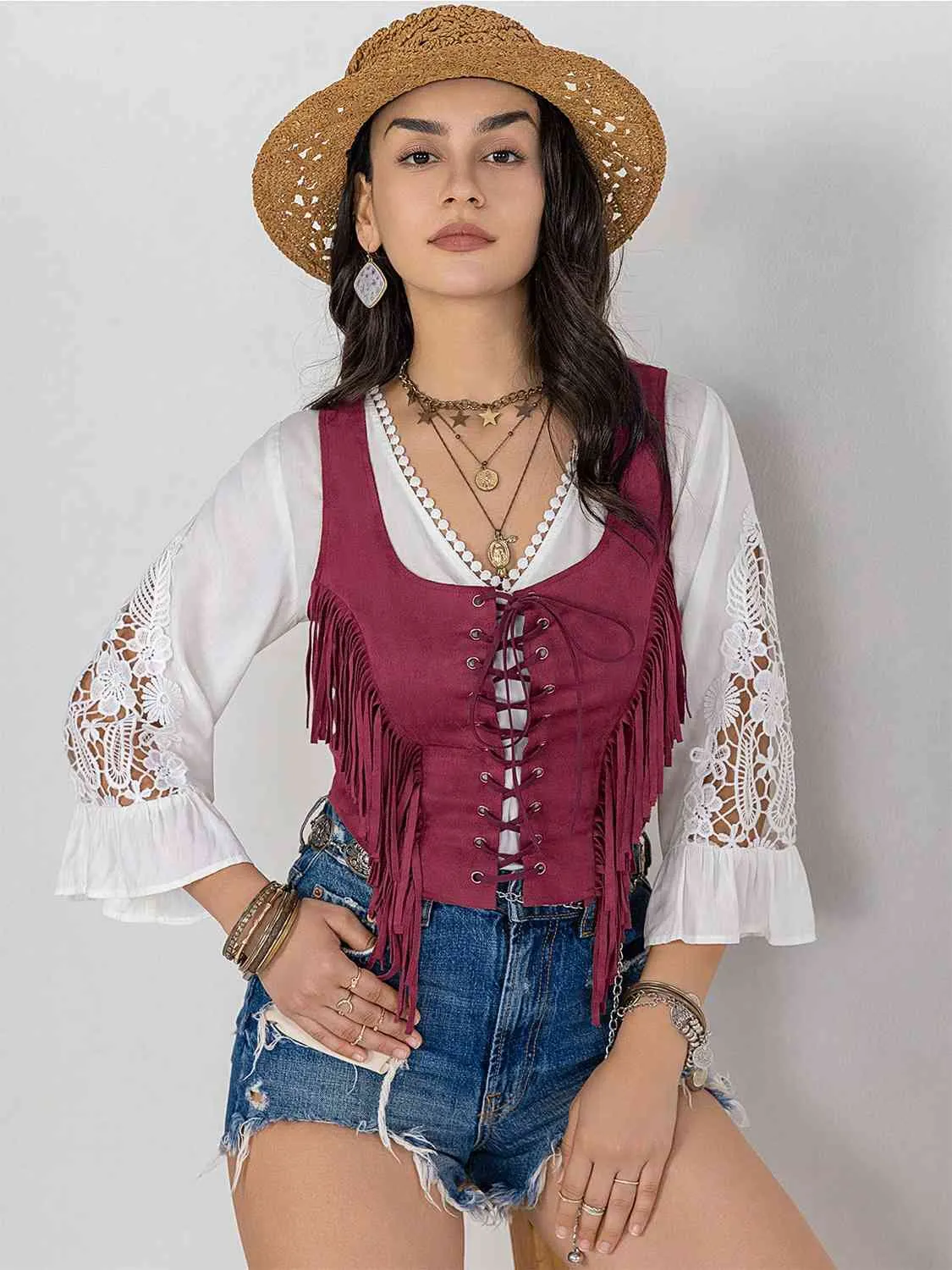 Fringed Lace Up Vest (3 colors)