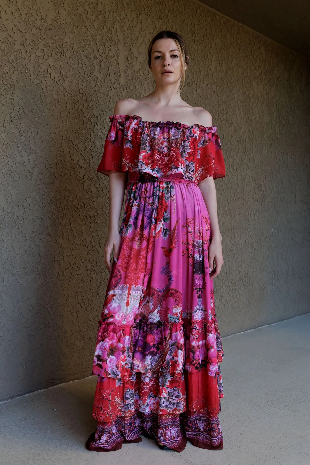 Fuchsia Off The Shoulder Maxi Dress