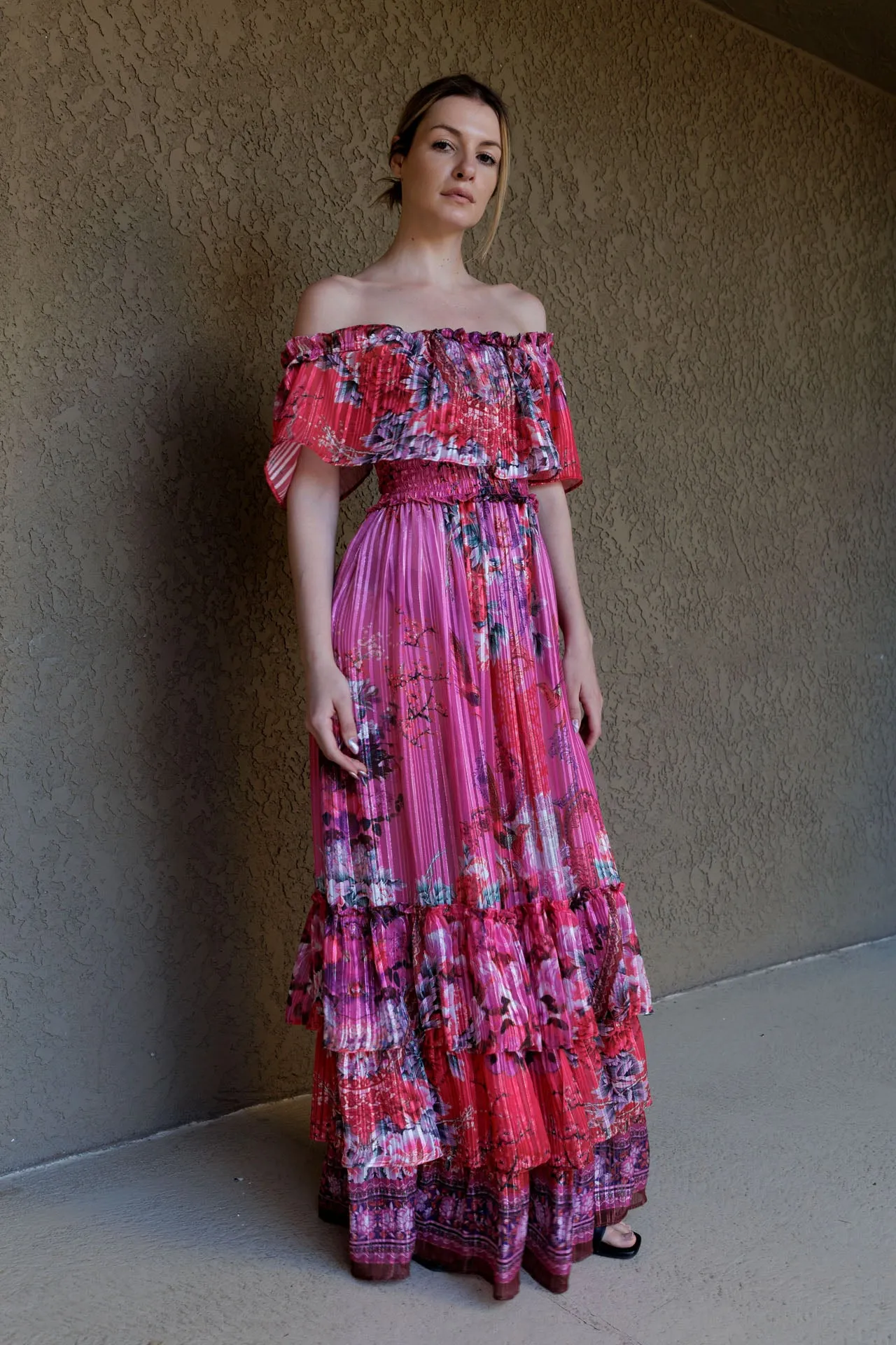 Fuchsia Off The Shoulder Maxi Dress