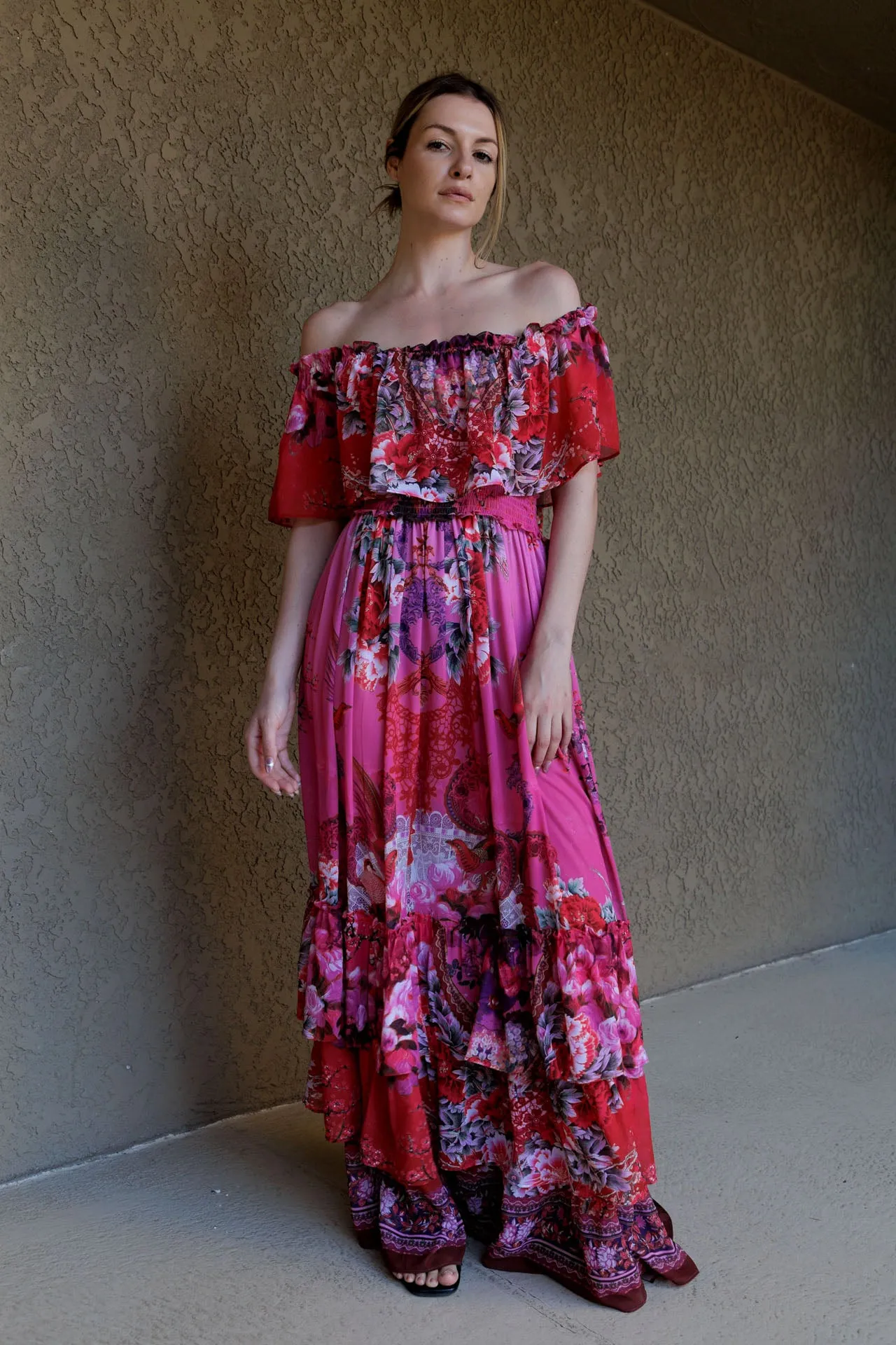 Fuchsia Off The Shoulder Maxi Dress