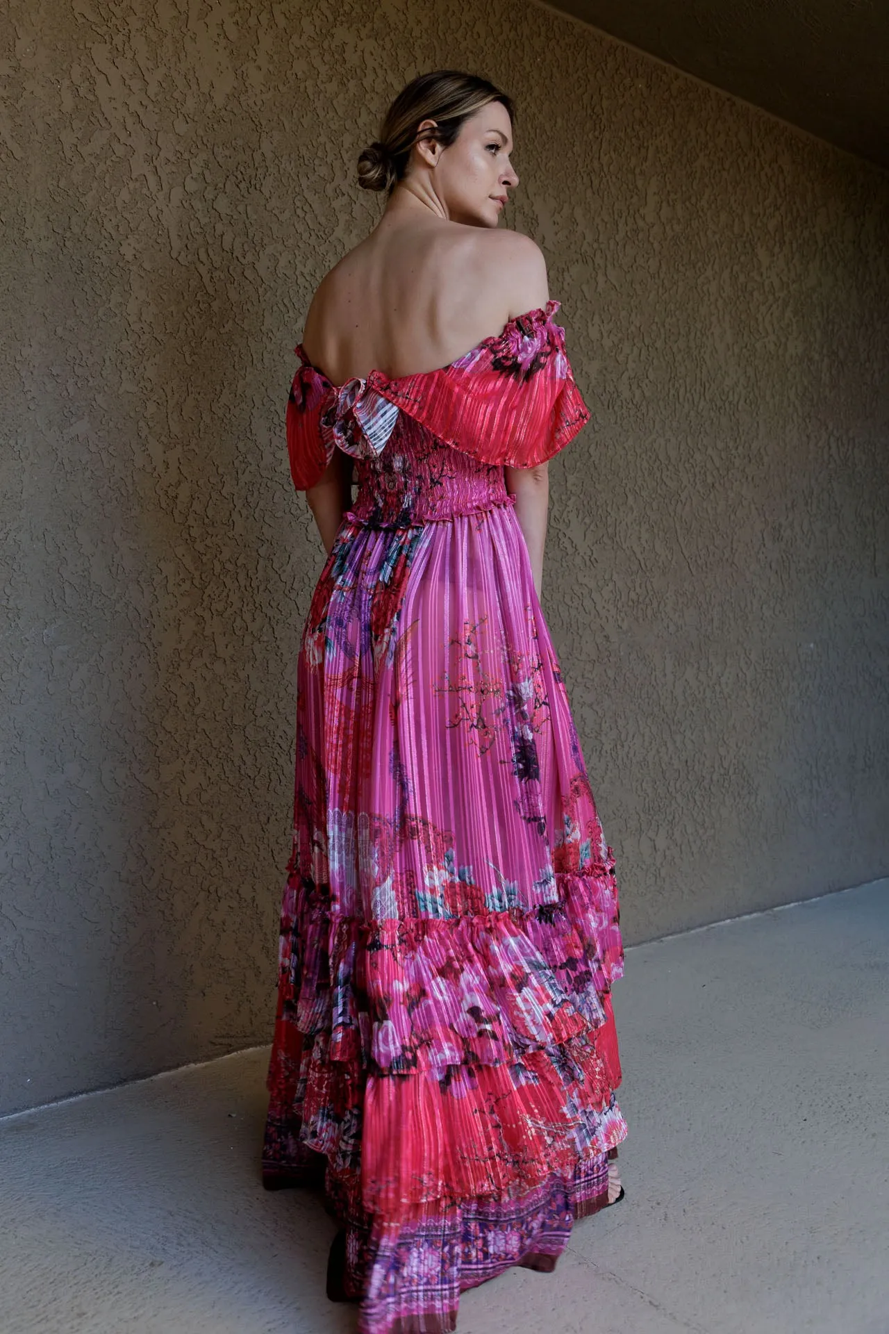 Fuchsia Off The Shoulder Maxi Dress