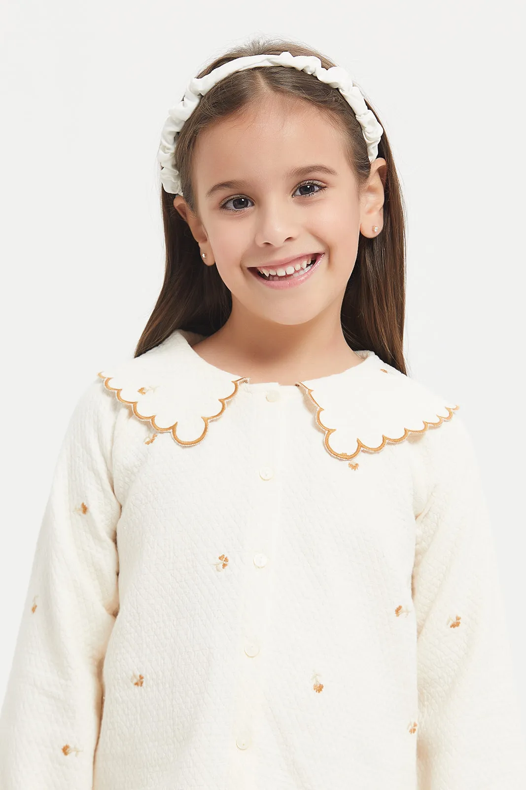 Girls Beige Jacquard Embroidered Top