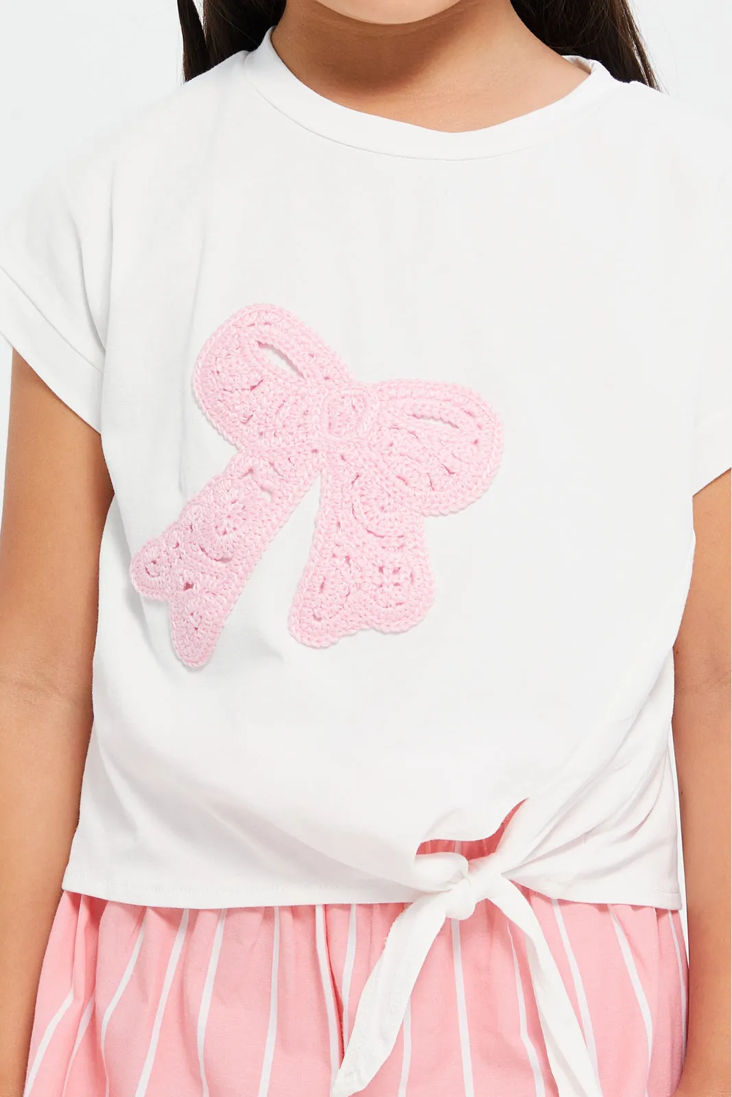 Girls White Crochet Bow T-Shirt