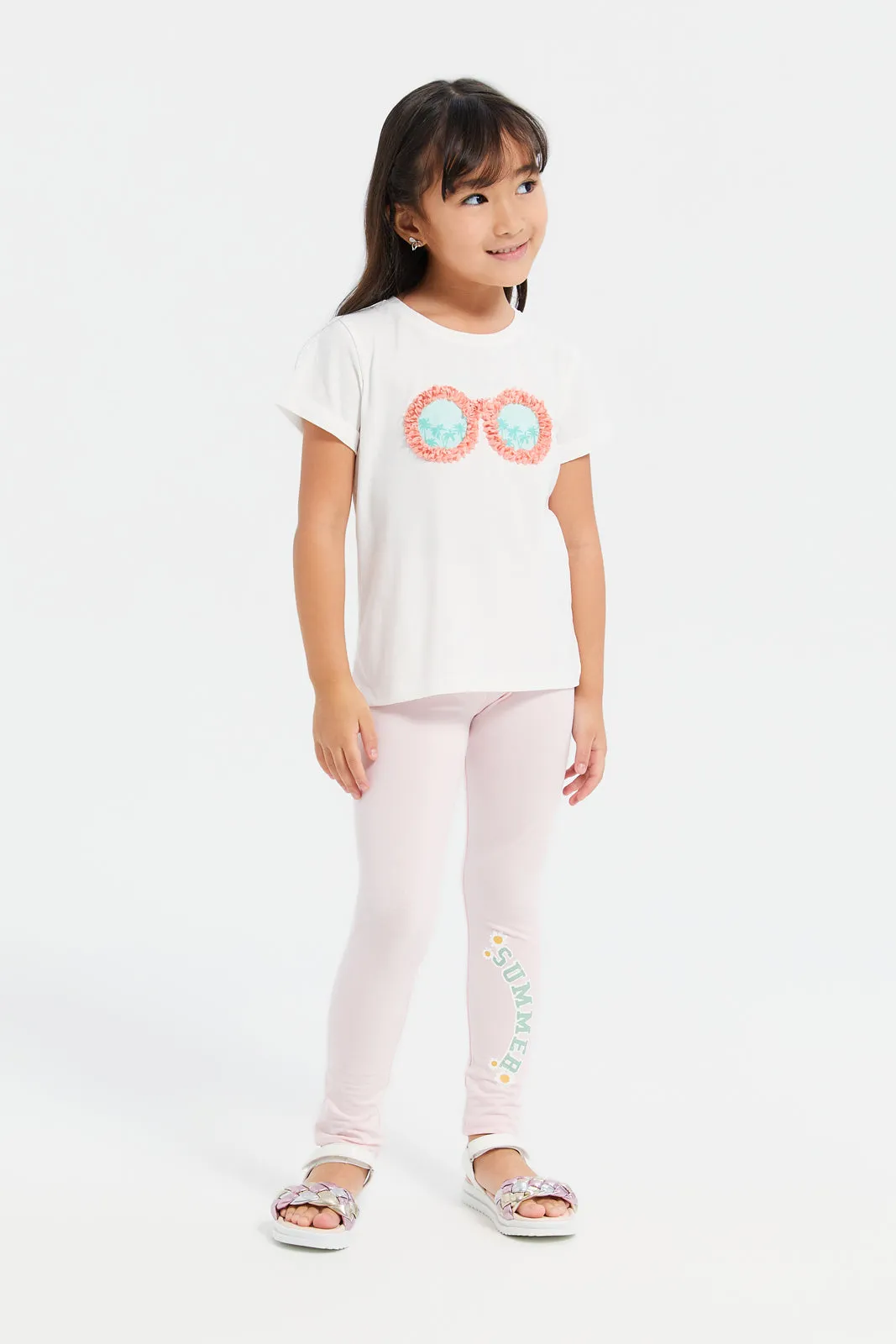 Girls White Embroidered Sunglasses T-Shirt