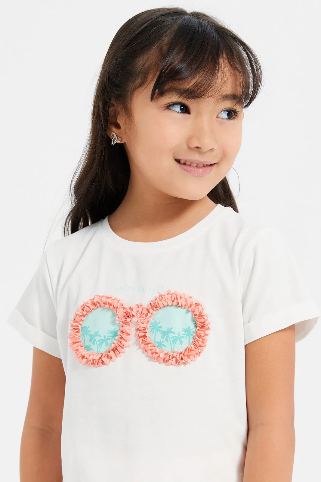 Girls White Embroidered Sunglasses T-Shirt