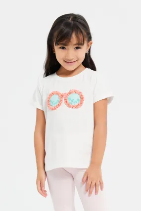 Girls White Embroidered Sunglasses T-Shirt