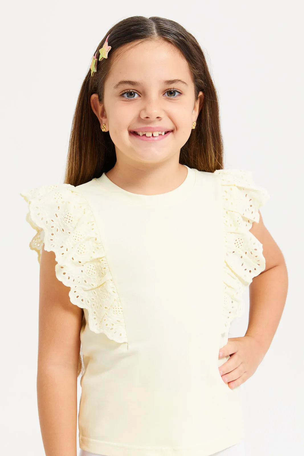 Girls Yellow Embroidered Frill Top