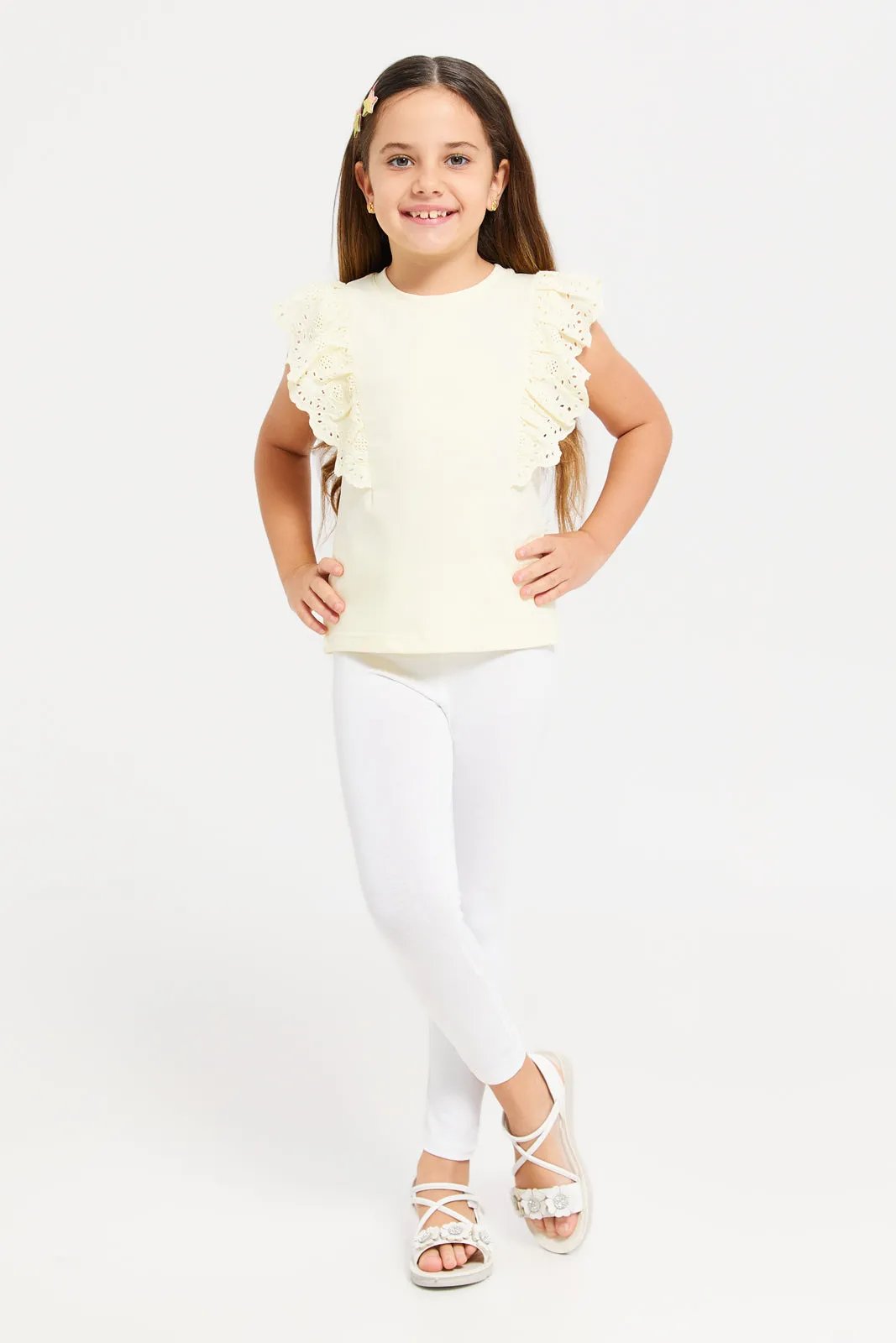 Girls Yellow Embroidered Frill Top