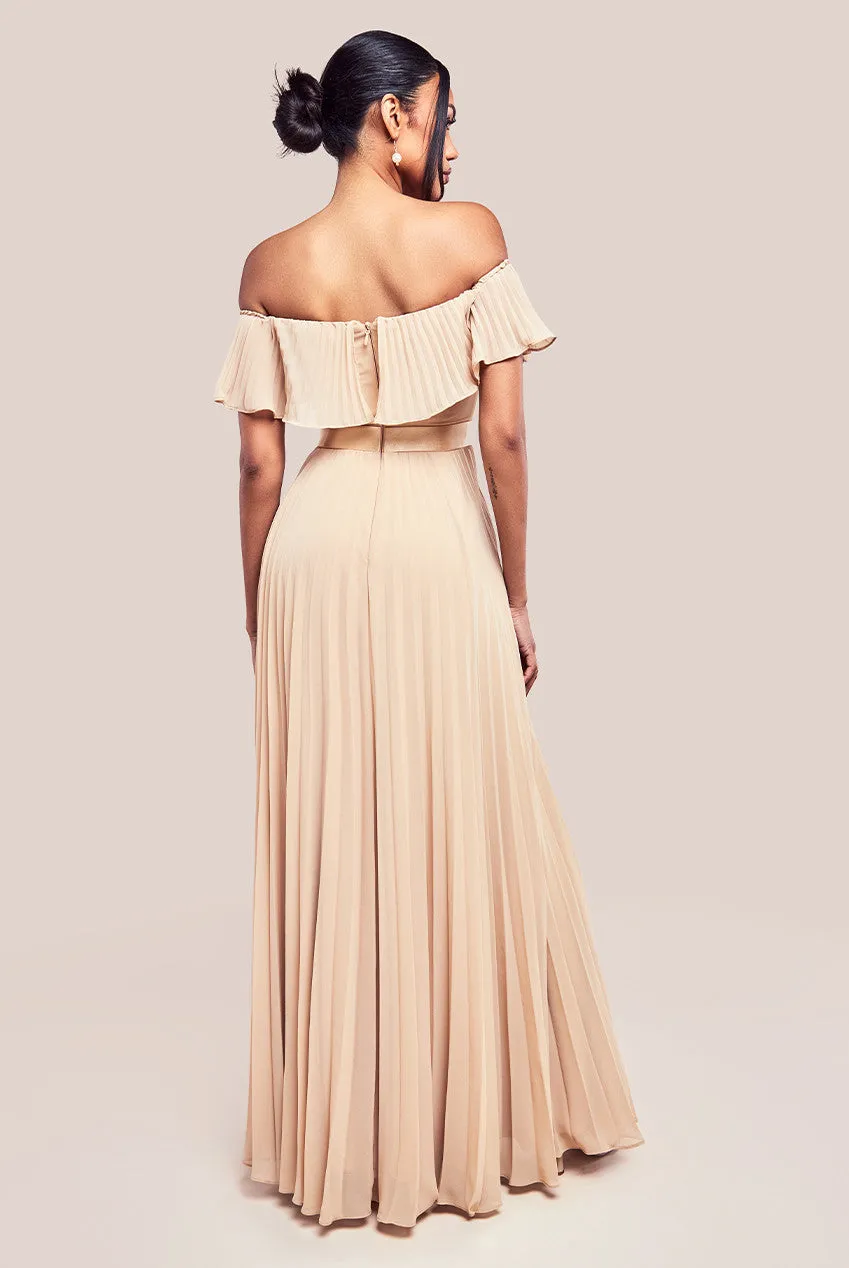 Goddiva Pleated Chiffon Off Shoulder Maxi Dress - Beige