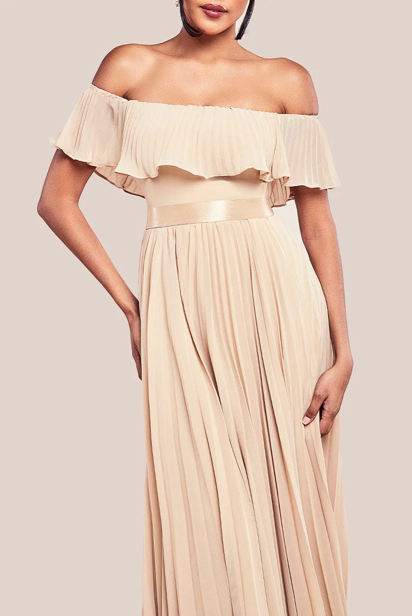 Goddiva Pleated Chiffon Off Shoulder Maxi Dress - Beige