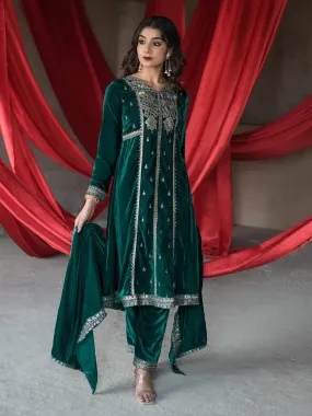 Green Embroidered Velvet A-line Kurta  With Trousers & Dupatta