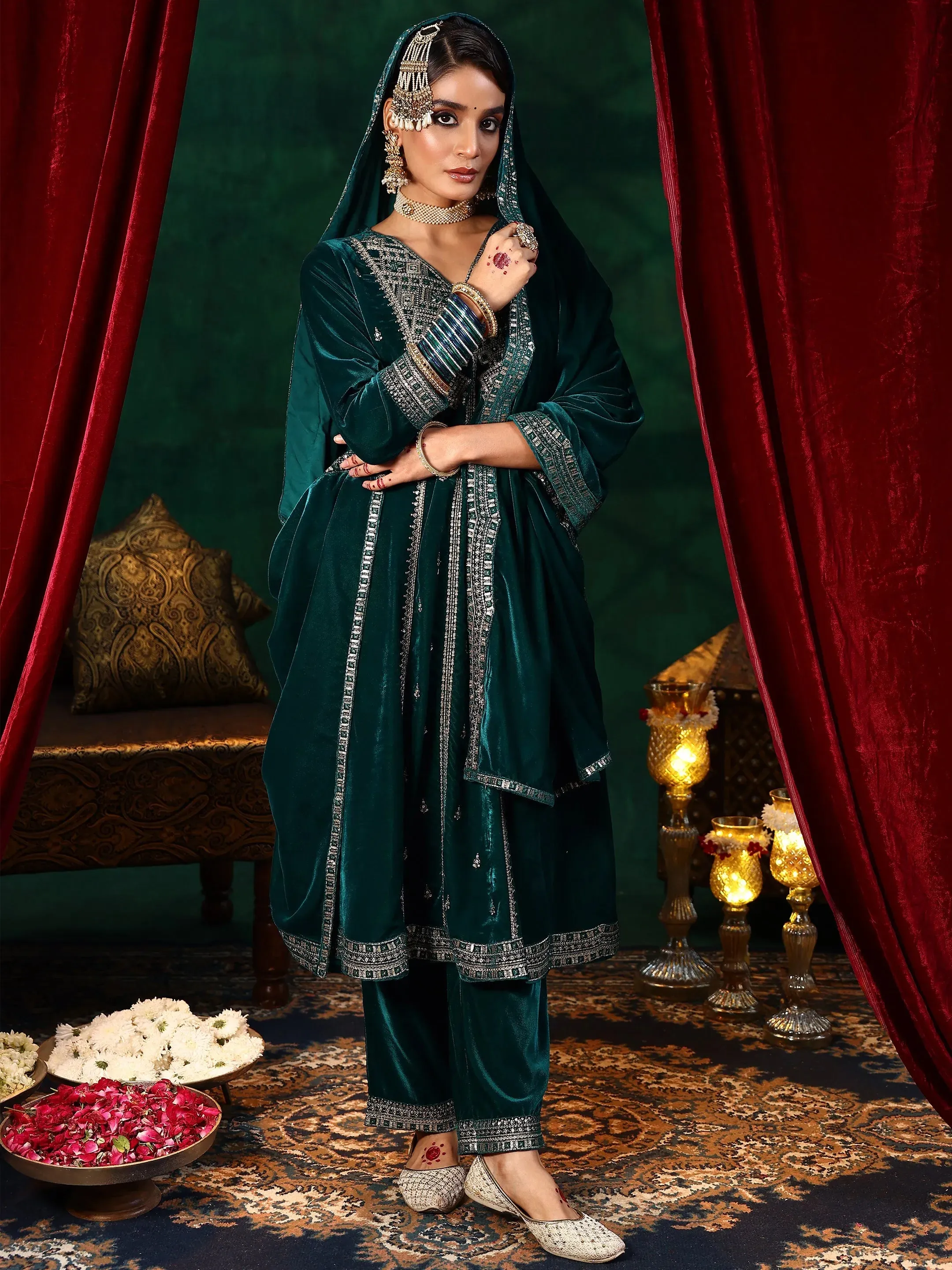 Green Embroidered Velvet A-line Kurta  With Trousers & Dupatta