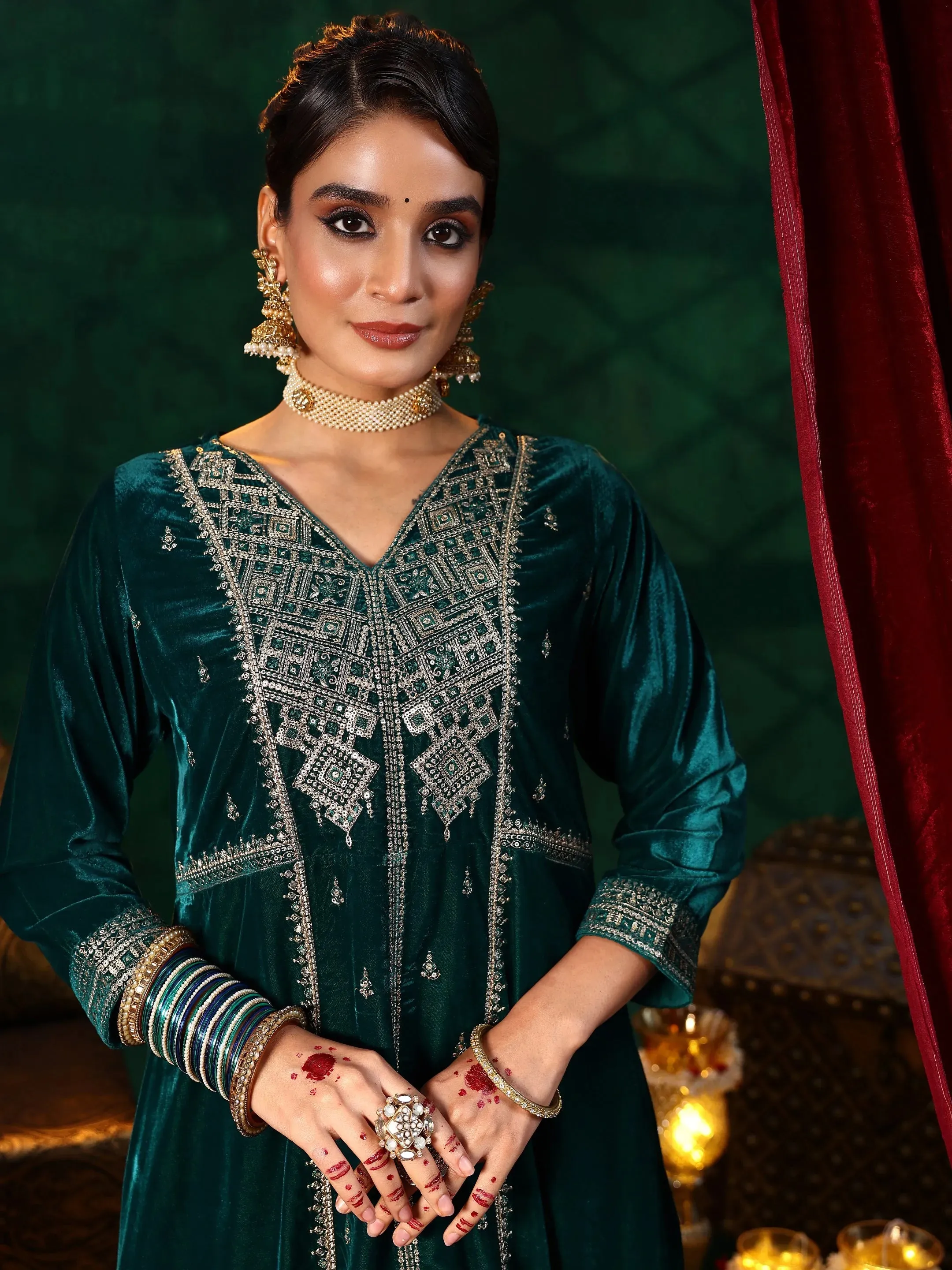 Green Embroidered Velvet A-line Kurta  With Trousers & Dupatta