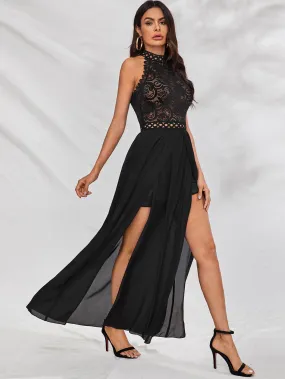 Halterneck Lace Bodice Wrap Dress