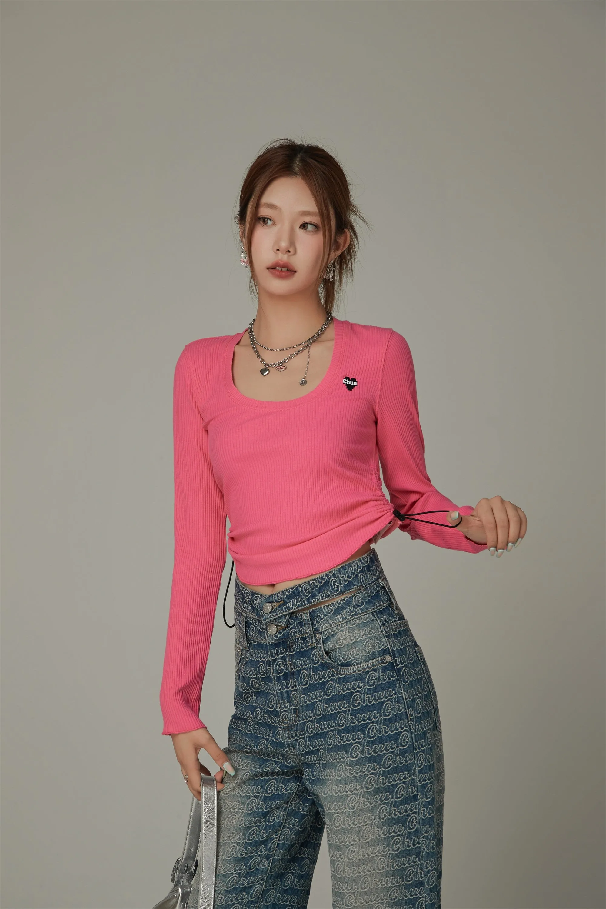 Heart Embroidered Shirring Color Top