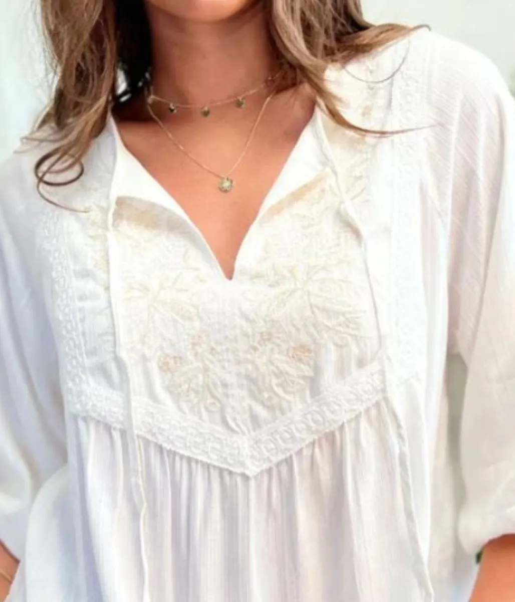 Ivory Boho Embroidered Bib Front Rayon Blouse