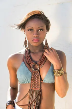 Kai Leather Necklace, Basket Weave Pendant, Crinkled Collar, Fringe, African Inspired