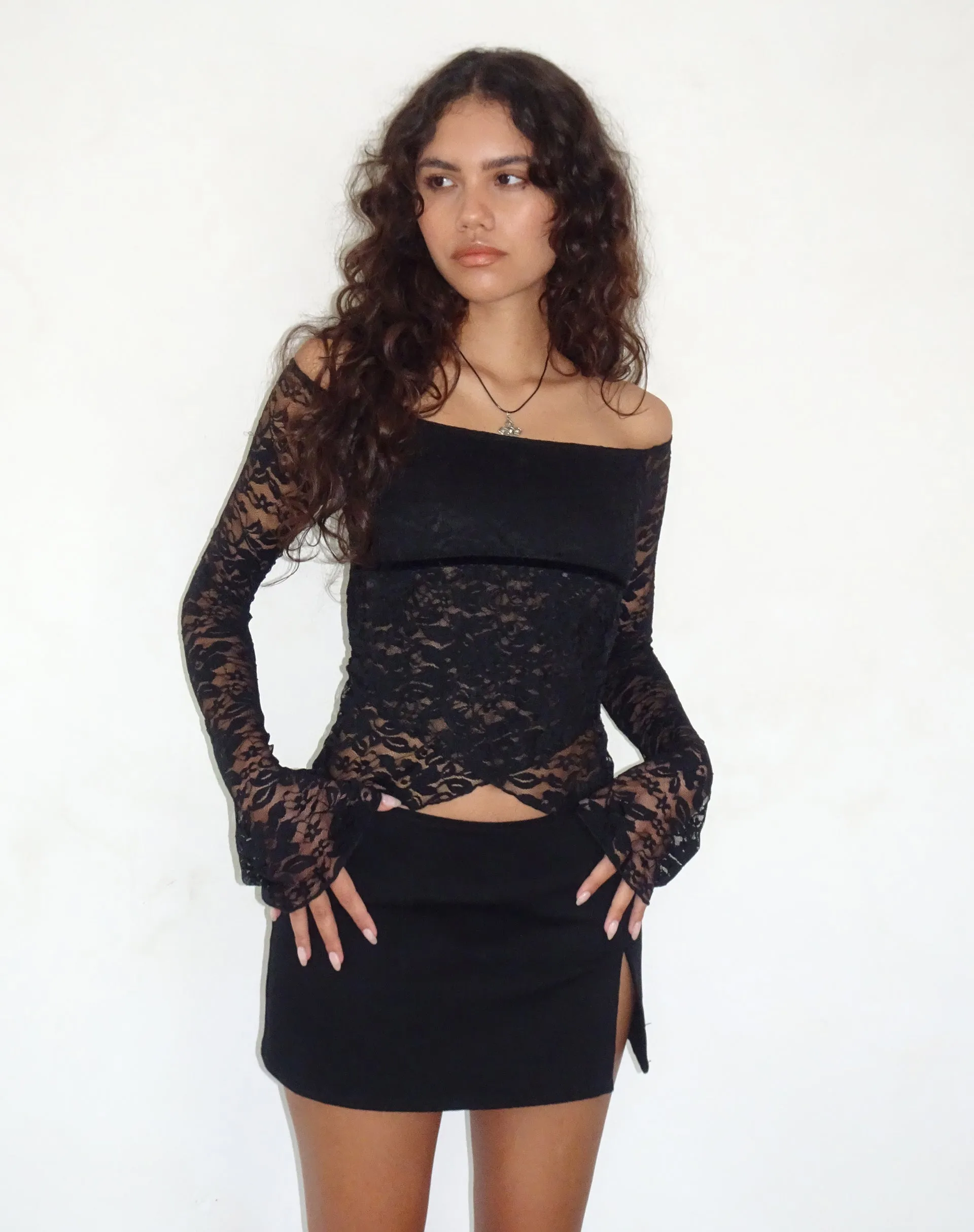 Kawila Bardot Top in Floral Lace Jet Black