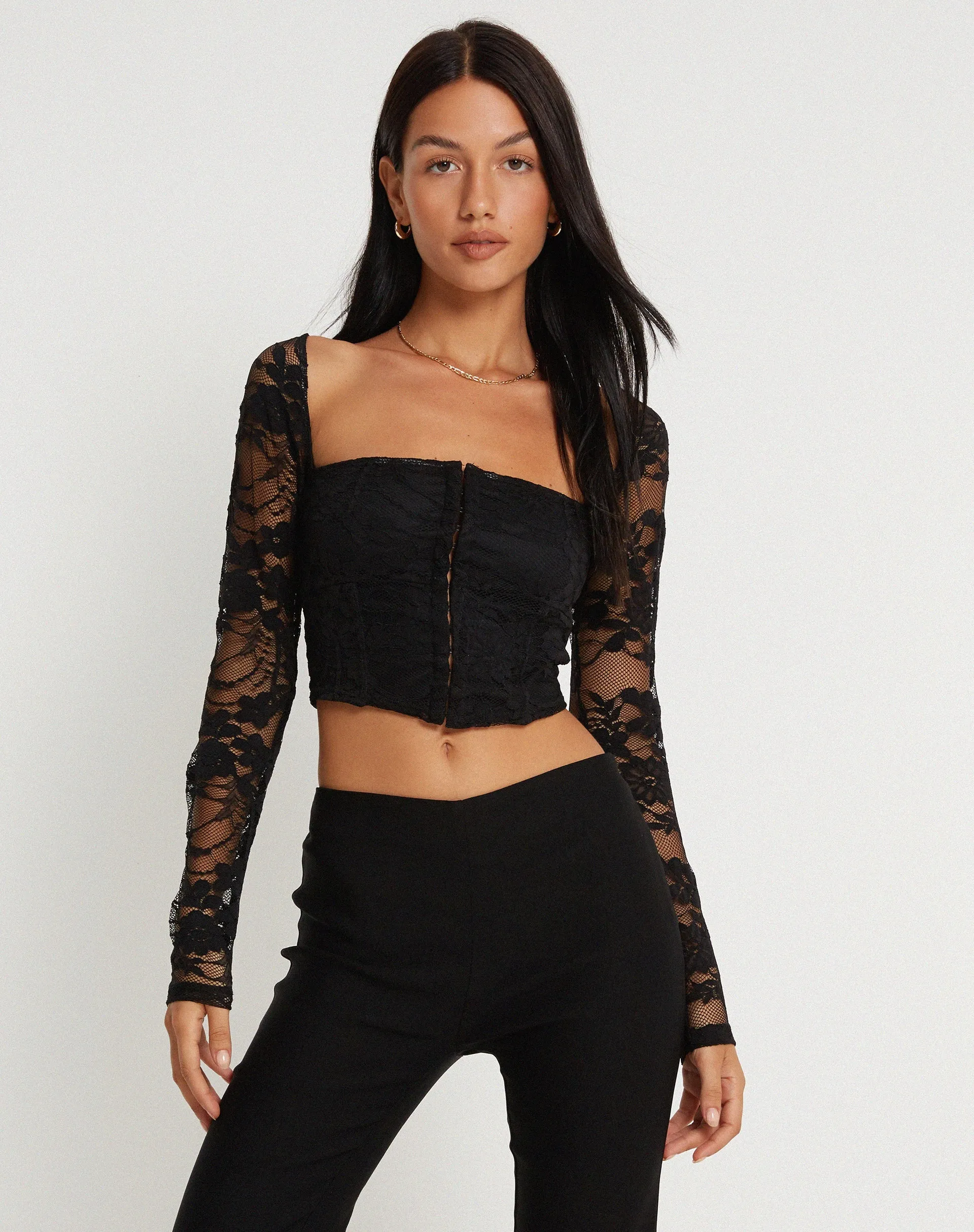 Khafila Long Sleeve Corset  Top in Lace Black