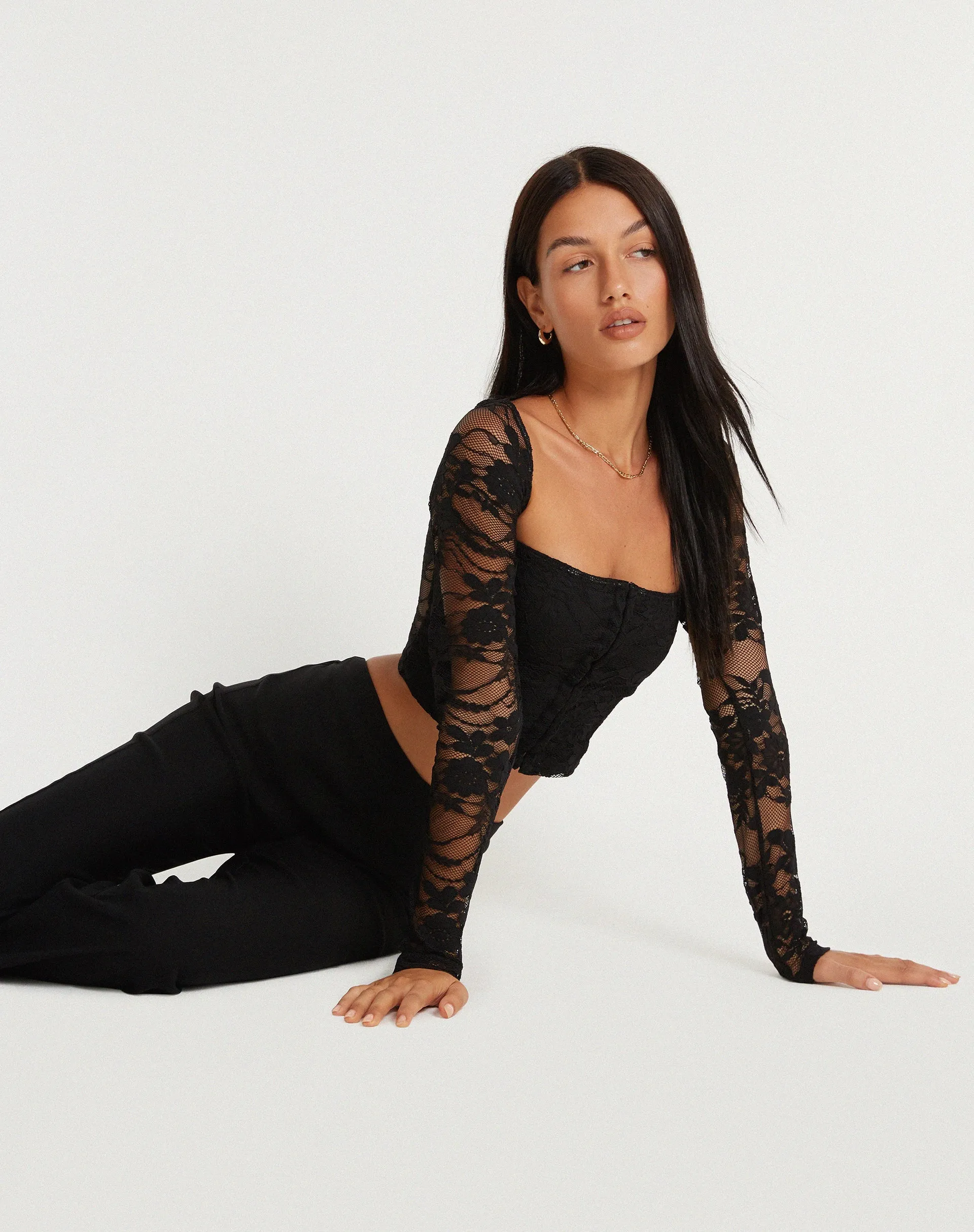 Khafila Long Sleeve Corset  Top in Lace Black