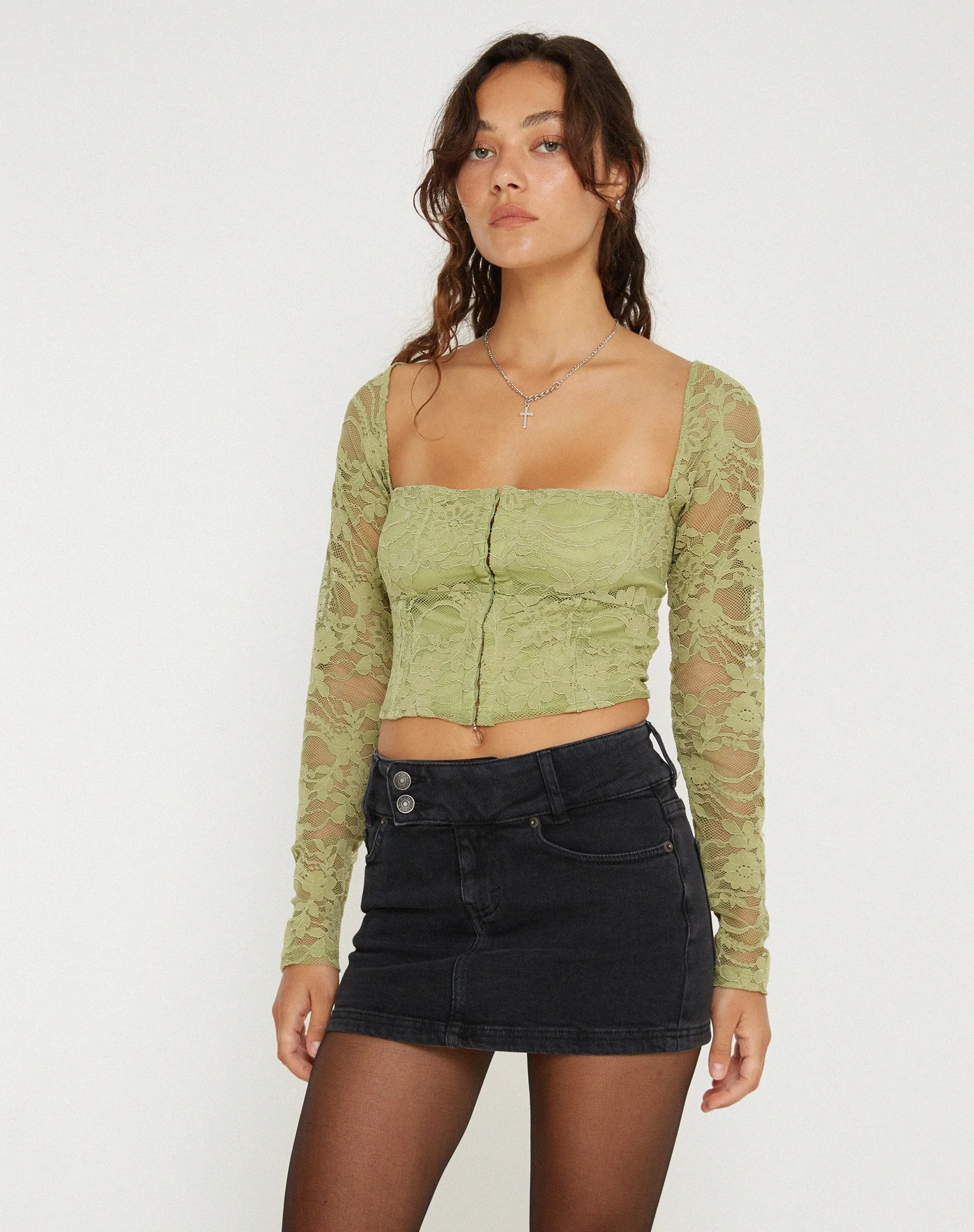 Khafila Long Sleeve Corset Top in Lace Green