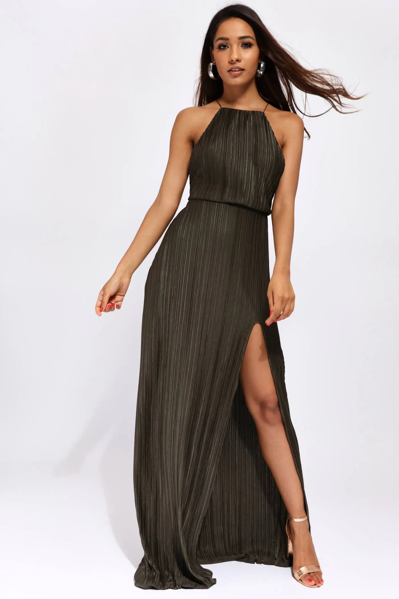 Khaki Pleated High Neck Maxi Dress