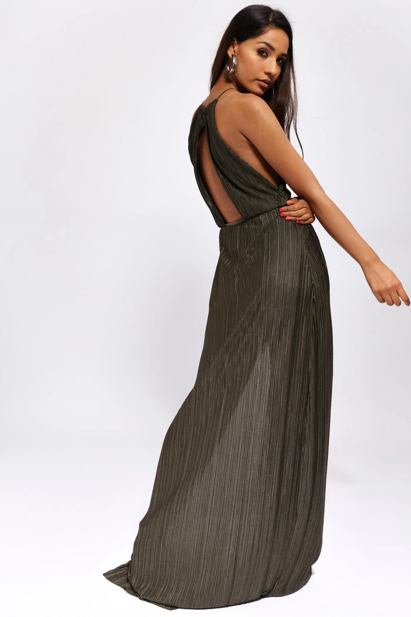 Khaki Pleated High Neck Maxi Dress