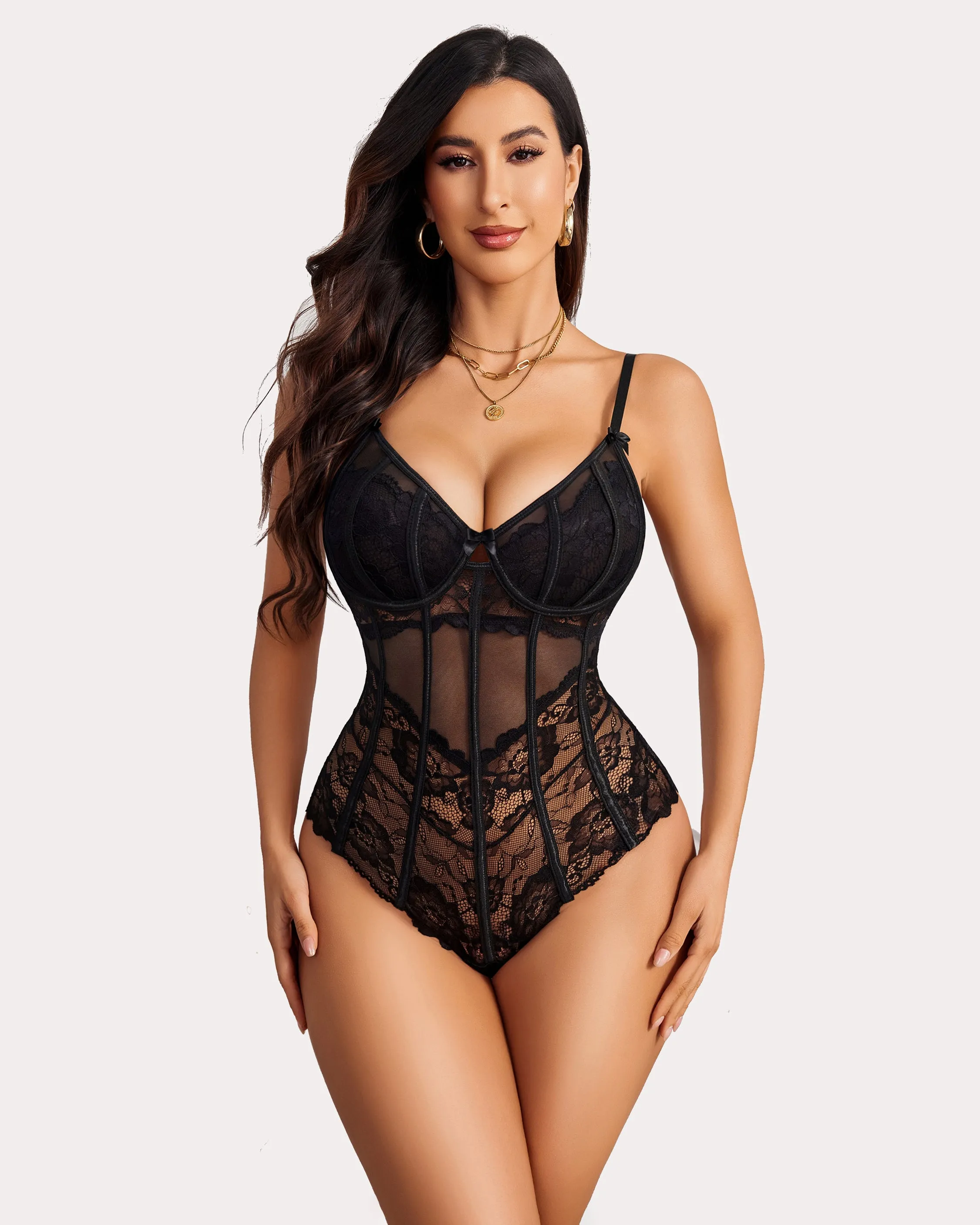 Lace One Piece Underwire V Neck Tops