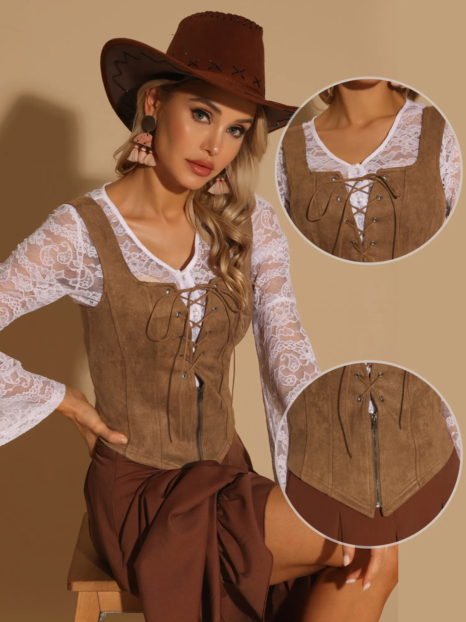 Lace Zipper Wide Strap Sleeveless Waistcoat Crop Jacket Vests