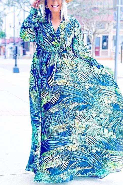 Leaf Print Belted Wrap Long Sleeve Maxi Dress